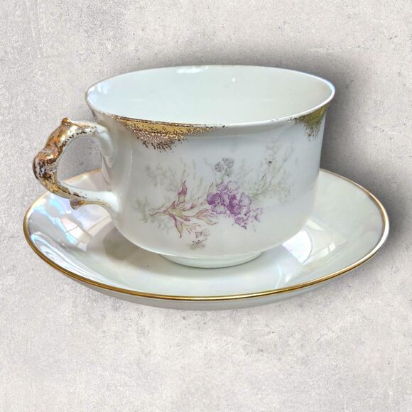 Antique Haviland Limoges Teacup Noritake Saucer Violet Floral Gold Rim Iridescen - Picture 3 of 15